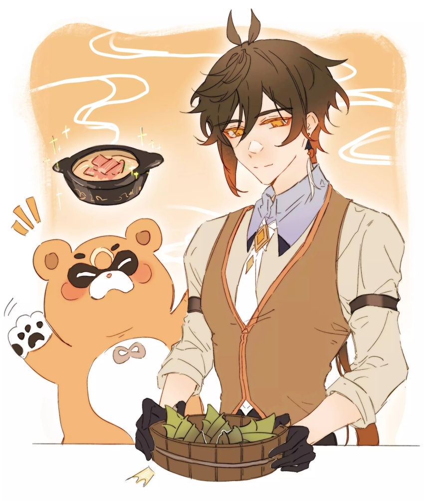 1boy ahoge bamboo bamboo_shoot bamboo_shoot_soup_(the_tale_of_food) food genshin_impact guoba_(genshin_impact) lofter lofter_logo ppttlyr solo solo_focus steam zhongli_(genshin_impact)