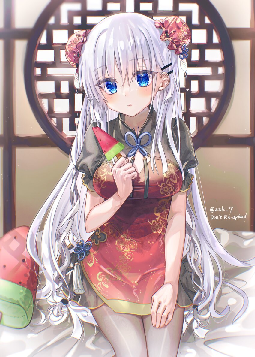 1girl 2025 absurdres alternate_costume alternate_hairstyle architecture black_pantyhose blue_eyes blunt_ends blush breasts bun_cover china_dress chinese_clothes cleavage_cutout closed_mouth clothing_cutout commentary_request cowboy_shot dated_commentary double_bun dress east_asian_architecture eyelashes eyes_visible_through_hair food hair_behind_ear hair_between_eyes hair_bun hair_ornament hairclip hand_up highres holding holding_food holding_popsicle indoors long_hair looking_at_viewer medium_breasts naruse_shiroha on_bed pantyhose parallel_hairclips popsicle puffy_short_sleeves puffy_sleeves red_dress round_window short_sleeves sitting solo straight_hair summer_pockets tassel twitter_username very_long_hair watermelon_bar white_hair window zuzuhashi