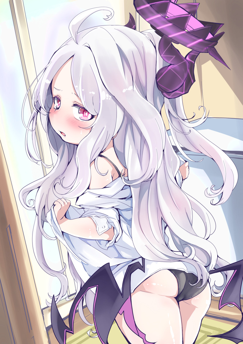 1girl absurdres ahoge ass bathroom black_panties blue_archive blurry blush bra_strap commentary_request demon_girl demon_horns demon_wings depth_of_field forehead halo head_tilt high_ponytail highres hina_(blue_archive) horns indoors long_hair long_sleeves looking_at_viewer panties parted_bangs parted_lips ponytail purple_eyes shi_ecchi shirt sidelocks solo underwear undressing white_hair white_shirt wings