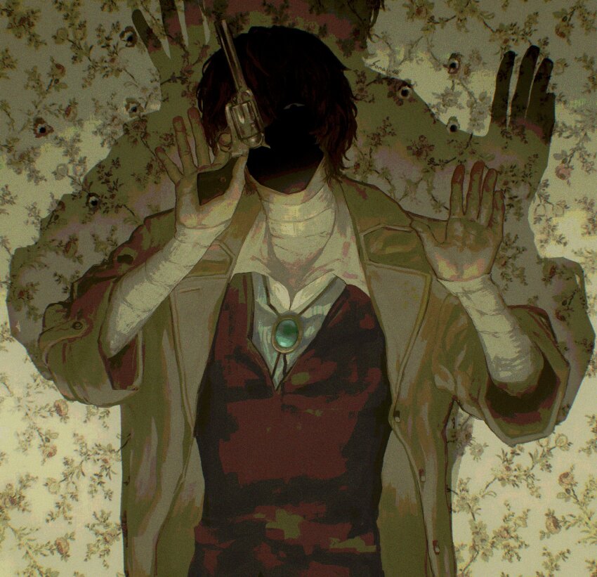 1boy bandages black_hair bungou_stray_dogs coat commentary dazai_osamu_(bungou_stray_dogs) english_commentary gun highres holding holding_gun holding_weapon looking_at_viewer male_focus shadow short_hair solo sonaireeart upper_body weapon