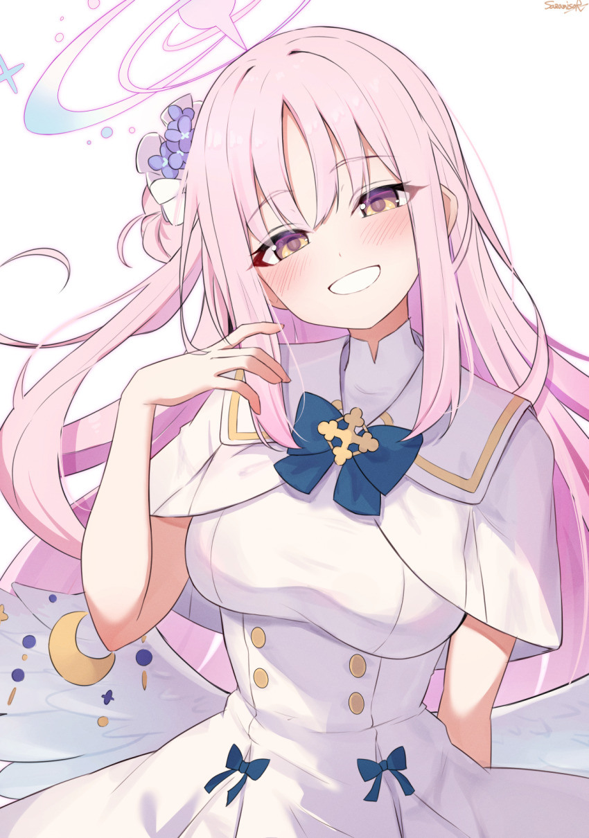 1girl arm_behind_back artist_name blue_archive blue_flower breasts commentary dress flower hair_bun hair_flower hair_ornament halo head_tilt highres long_hair looking_at_viewer medium_breasts mika_(blue_archive) pink_hair pink_halo sazamiso_rx side_up_bun simple_background single_hair_bun smile solo upper_body white_background white_dress yellow_eyes