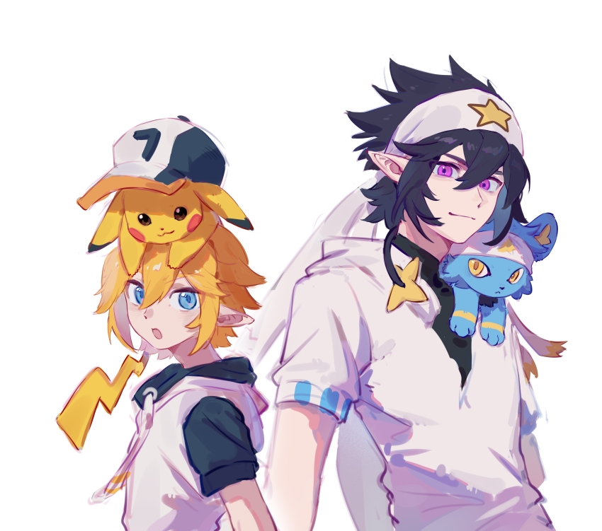2boys :3 :o absurdres aotu_world bandana baseball_cap black_hair black_hat black_shirt blonde_hair blue_eyes chinese_commentary crossover drawstring gen_1_pokemon gen_4_pokemon hair_between_eyes hat headband height_difference highres hood hood_down hoodie king_(aotu_world) looking_at_viewer male_focus multicolored_hat multiple_boys nintendo on_head on_shoulder open_mouth pikachu pointy_ears pokemon pokemon_(creature) pokemon_on_head pokemon_on_shoulder purple_eyes ray_(aotu_world) shenyinzhilang shinx shirt short_hair short_sleeves simple_background smile star_(symbol) star_print turtleneck upper_body white_background white_hat white_headband white_hoodie yellow_eyes