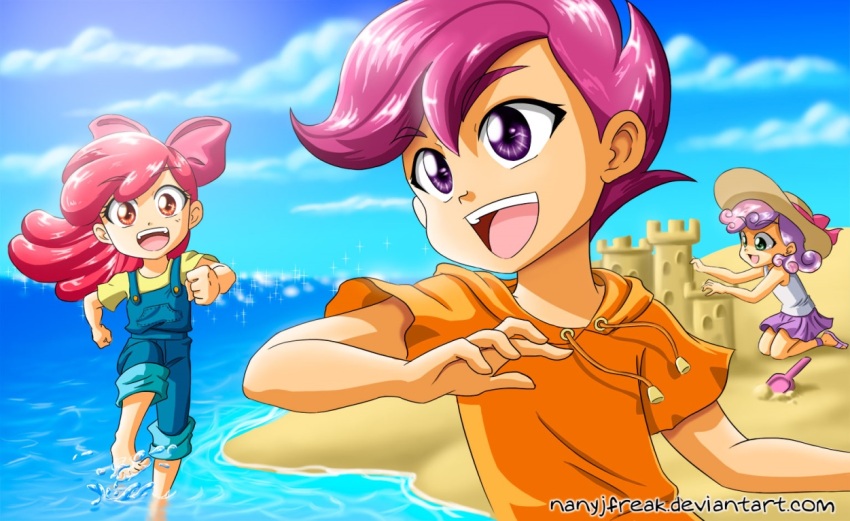 3girls apple_bloom apple_bloom_(equestria_girls) bare_shoulders barefoot beach blue_overalls building_sand_sculpture child cloud commentary english_commentary folded_clothes long_hair mixed-language_commentary multicolored_hair multiple_girls my_little_pony my_little_pony:_equestria_girls my_little_pony:_friendship_is_magic nancysauria ocean open_mouth overalls pleated_skirt purple_eyes purple_hair purple_skirt red_hair sand sand_castle sand_sculpture scootaloo scootaloo_(equestria_girls) shirt short_hair short_sleeves skirt sleeveless sleeveless_shirt sweetie_belle sweetie_belle_(equestria_girls) teeth upper_teeth_only water white_shirt