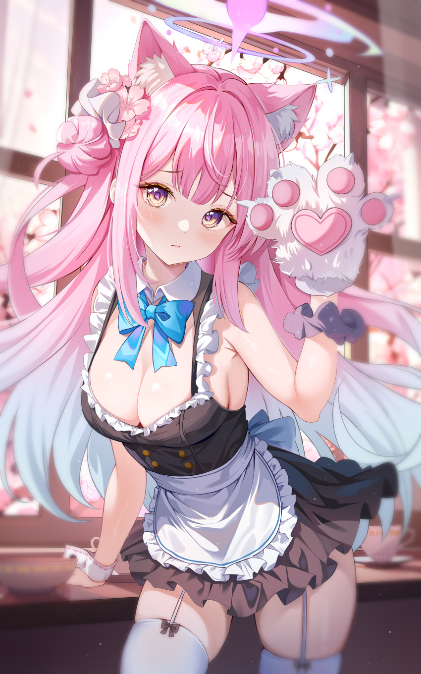 1girl :c absurdres animal_ears animal_hands apron arm_support black_dress blue_archive blue_bow blue_bowtie blush bow bowtie breasts cat_ears cat_girl cat_paw cherry_blossoms cleavage closed_mouth collar cup detached_collar dress flower frilled_apron frills garter_straps gloves gradient_hair hair_bun hair_flower hair_ornament hair_ribbon halo highres large_breasts long_hair looking_at_viewer maid maid_apron mika_(blue_archive) multicolored_eyes multicolored_hair paw_gloves pink_flower pink_hair pink_halo purple_eyes purple_scrunchie ribbon scrunchie single_side_bun solo teeth_bro thighhighs thighs two-tone_eyes waist_apron white_apron white_collar white_garter_straps white_gloves white_ribbon white_thighhighs white_wrist_cuffs window wrist_cuffs wrist_scrunchie yellow_eyes