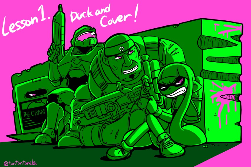 1girl 3boys box cardboard_box english_text gears_of_war gun halo_(game) halo_(series) highres inkling inkling_girl inkling_player_character lancer_(gears_of_war) marcus_fenix master_chief metal_gear_(series) metal_gear_solid monochrome monster_girl multiple_boys nintendo power_suit purple_background solid_snake splatoon_(series) splatoon_1 tonda wall weapon