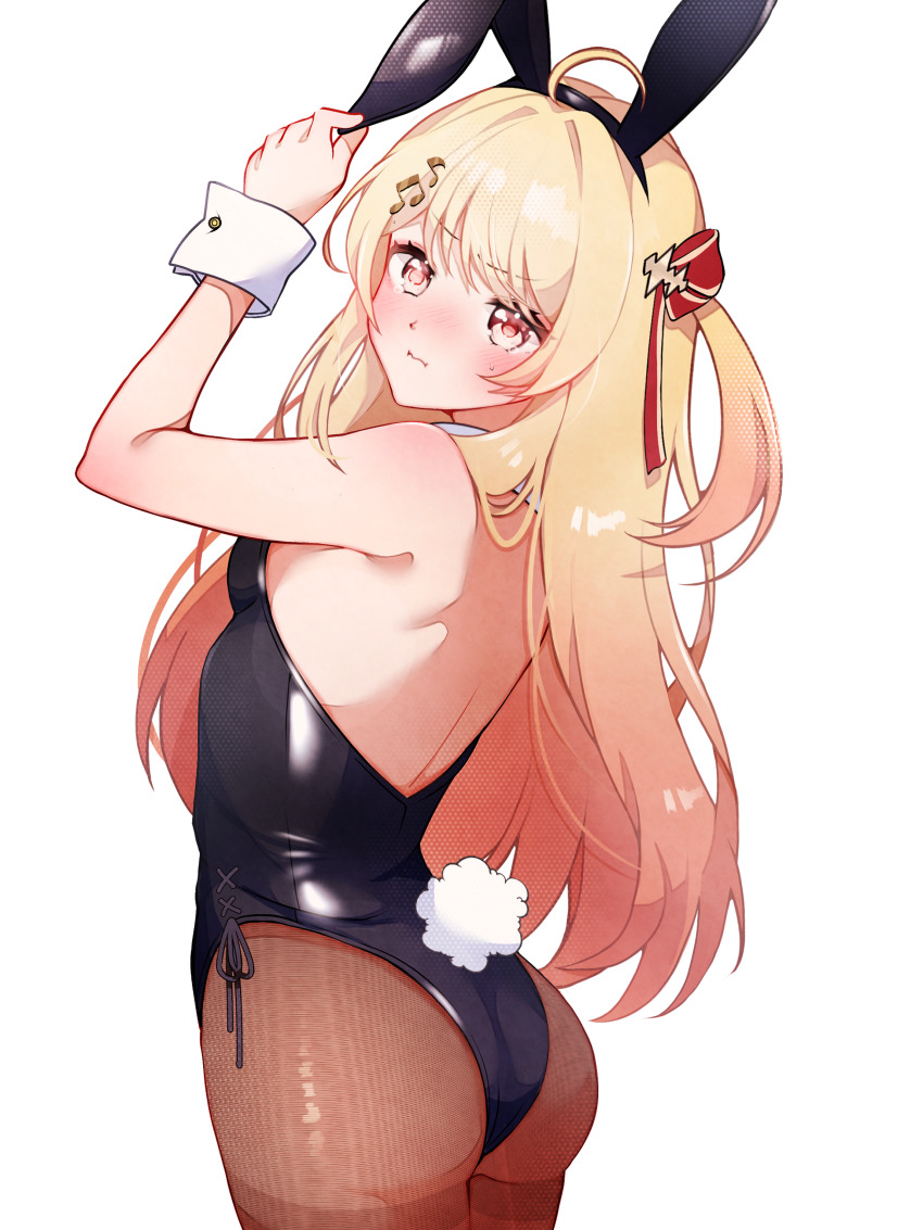1girl @_@ absurdres animal_ear_hairband animal_ears ass black_leotard blonde_hair breasts brown_eyes brown_pantyhose commission detached_collar fake_animal_ears fishnet_pantyhose fishnets fortissimo hair_ornament hair_ribbon hairband highres hololive leotard long_hair looking_at_viewer musical_note musical_note_hair_ornament otonose_kanade pantyhose pixiv_commission playboy_bunny rabbit_ears rabbit_tail red_eyes ribbon satsuki_(pixiv_742410) simple_background small_breasts solo strapless strapless_leotard tail thighband_pantyhose two_side_up virtual_youtuber white_background wrist_cuffs