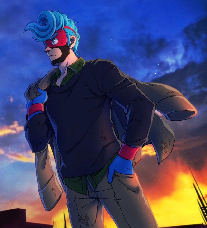 1boy arms_(game) bad_id bad_pixiv_id black_shirt blue_gloves blue_hair blue_sky cloud cowboy_shot domino_mask gloves highres hizuki_(hiduki6121) jacket unworn_jacket long_sleeves male_focus mask outdoors over_shoulder pompadour shirt sky solo spring_man_(arms) standing wristband