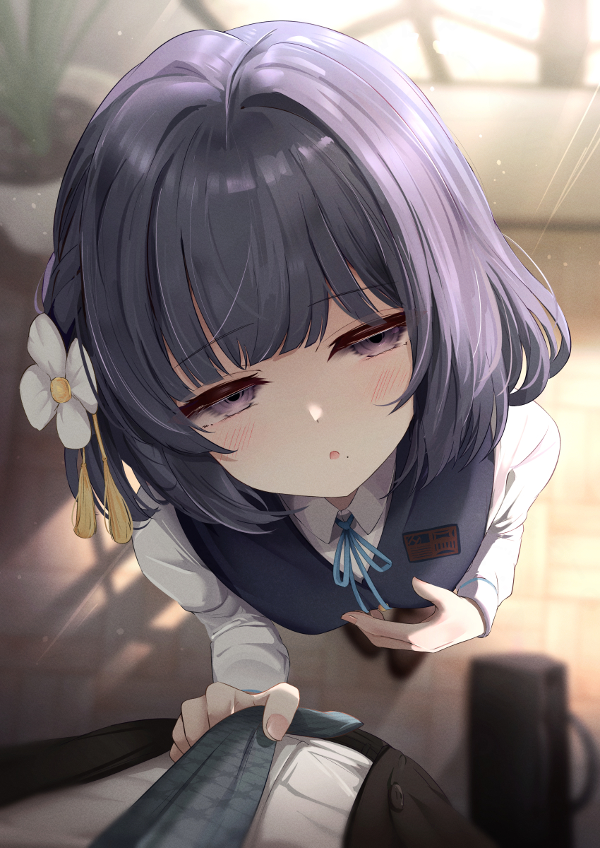 1boy 1girl :o absurdres black_jacket black_vest blue_ribbon blurry blurry_background blush dress_shirt fingernails gakuen_idolmaster hataya_misuzu hatsuboshi_gakuen_school_uniform hetero highres idolmaster indoors jacket looking_at_viewer neck_ribbon plant potted_plant pov producer_(idolmaster) purple_hair ribbon school_uniform shirt short_hair sky_cappuccino sunlight vest white_shirt