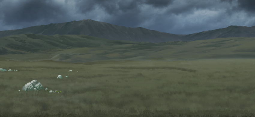 blue_sky cloud field game_cg grass hill mountain no_humans non-web_source official_art outdoors overcast rock scenery sky touhou touhou_gensou_eclipse