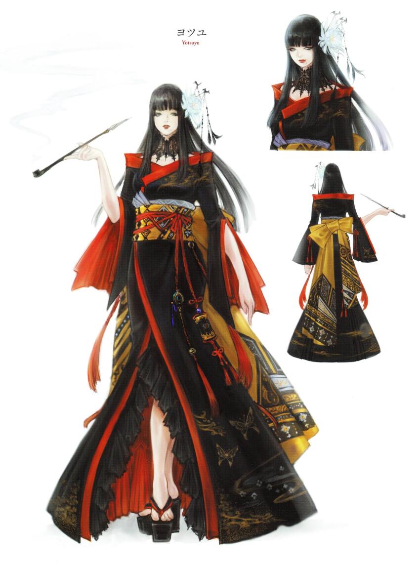 1girl absurdres animal_print back_bow bat_hair_ornament black_collar black_hair black_kimono blunt_bangs bow butterfly_print character_name collar concept_art cropped_torso eyeliner final_fantasy final_fantasy_xiv flower frilled_kimono frills full_body hair_flower hair_ornament hair_stick highres holding holding_smoking_pipe hyur inrou japanese_clothes kimono kiseru lace_collar long_hair looking_at_viewer makeup mole mole_under_mouth multiple_views namae_ayumi obi obiage obijime official_art okobo parted_lips platform_clogs platform_sandals red_lips red_trim reference_sheet sandals sash scan sidelocks simple_background smoke smoking_pipe standing straight_hair third-party_source toeless_footwear two-sided_fabric white_background white_flower wide_sleeves yotsuyu_goe_brutus