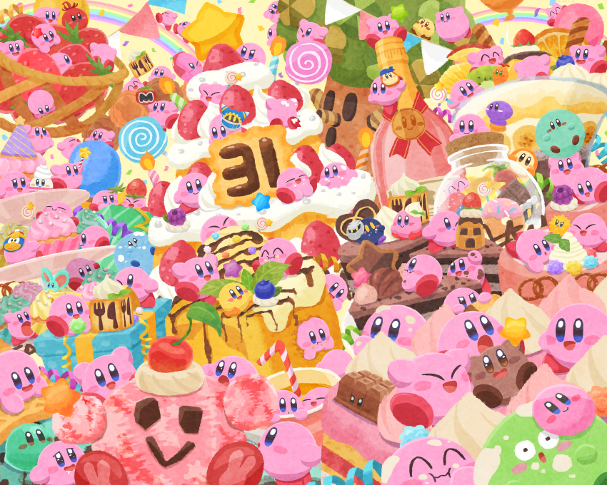 absurdres animal_ears anniversary bandana_waddle_dee basket blue_skin blueberry blush_stickers bottle burning_kirby cake cake_slice candle candy character_mask cherry chocolate_cake closed_eyes colored_skin confetti copy_ability drill_kirby drinking_straw drooling eating elfilin food food_on_face fruit green_skin happy hi-jump_kirby highres invincible_candy jar kabu_(kirby) king_dedede kirby kirby&#039;s_dream_buffet kirby_(series) lollipop looking_at_another looking_at_viewer magolor mask maxim_tomato meta_knight miclot mouse_ears needle_kirby nintendo no_humans o_o one_eye_closed open_mouth pink_skin rainbow smile solid_oval_eyes sprinkles standing standing_on_one_leg star_(symbol) star_rod stone_kirby strawberry string_of_flags too_many tornado_kirby waddle_dee wheel_kirby whispy_woods yellow_skin
