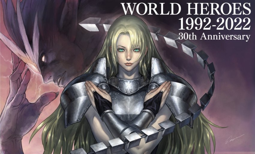 1boy 1girl anniversary arm_guards armor blonde_hair crossed_arms fingernails hair_between_eyes janne_d&#039;arc long_fingernails long_hair neo_dio ogura_eisuke sword upper_body weapon whip whip_sword world_heroes