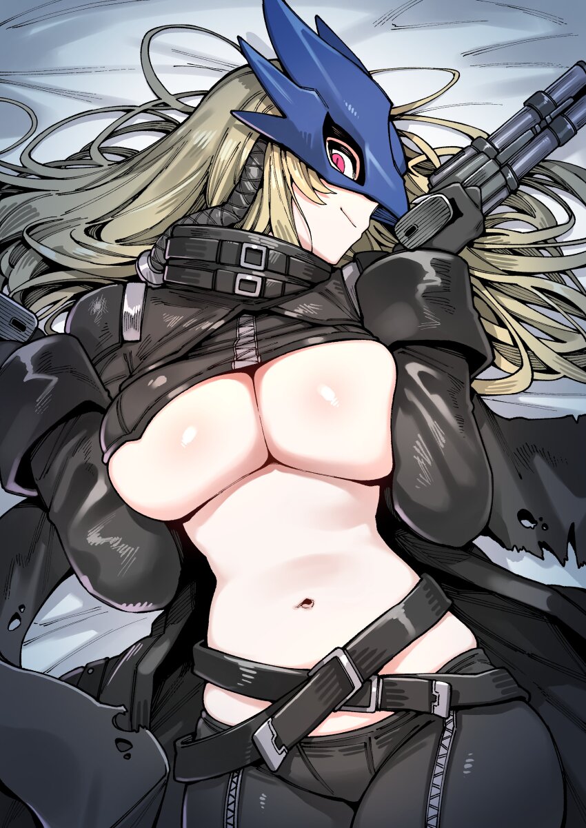 1girl absurdres beelstarmon belt black_gloves blonde_hair breasts closed_mouth digimon digimon_(creature) digimon_story:_time_stranger female_focus gloves gun highres holding holding_gun holding_weapon jacket karasu_raven large_breasts leather leather_jacket leather_pants lying mask navel on_back pants purple_hair shiny_skin stomach third_eye underboob weapon