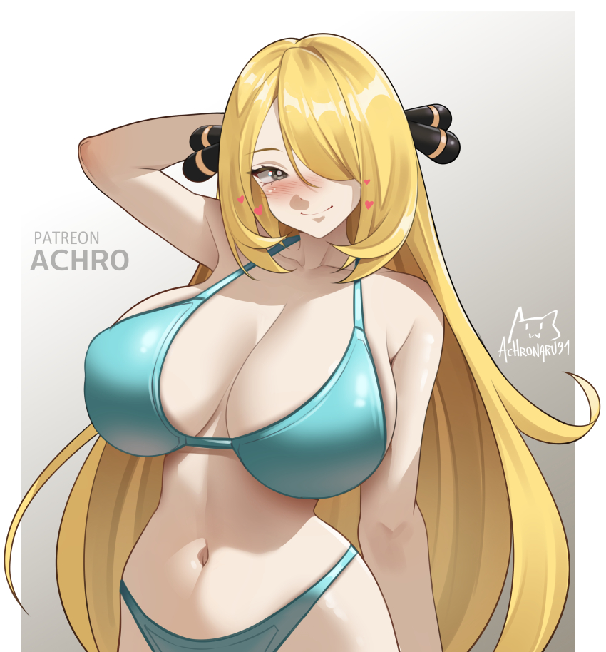 1girl absurdres achromaru alternate_costume bikini blonde_hair breasts cynthia_(pokemon) highres large_breasts nintendo pokemon pokemon_dppt solo swimsuit