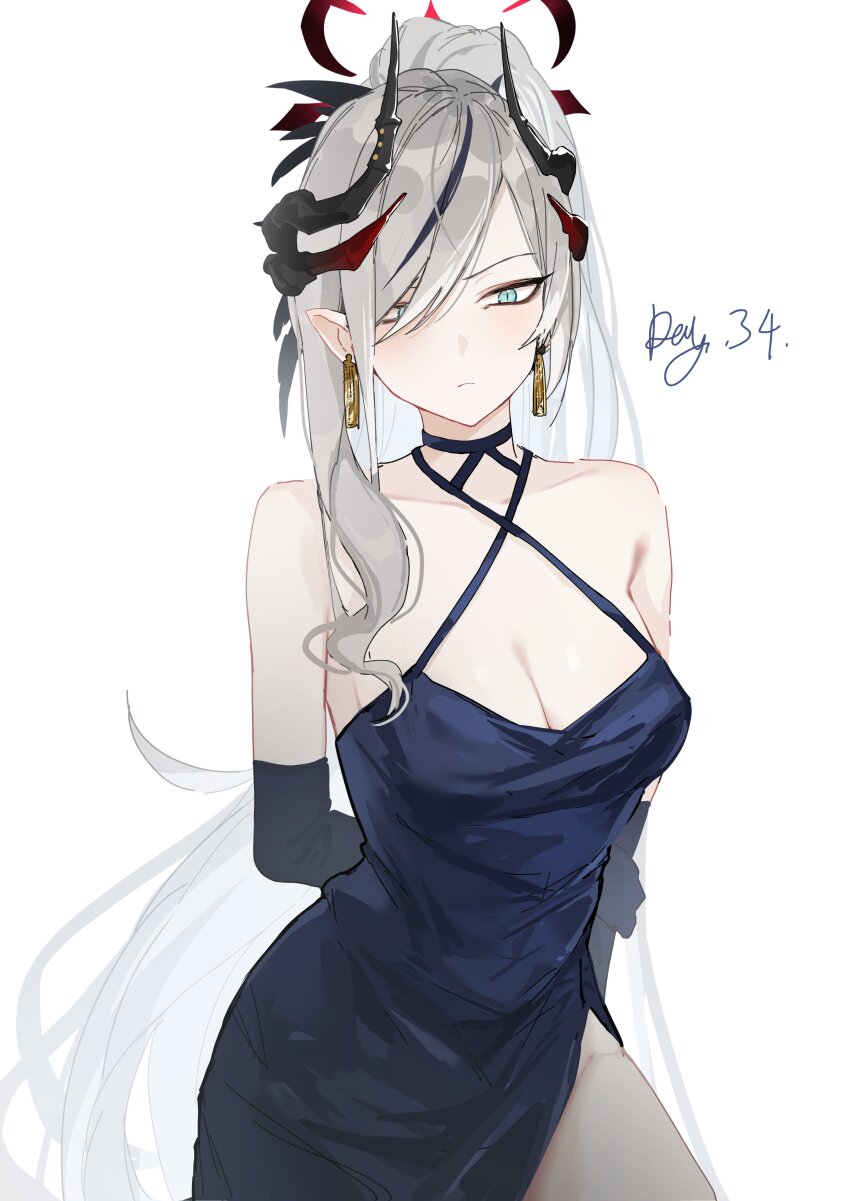 1girl absurdres aqua_eyes armpit_crease arms_behind_back asymmetrical_sidelocks black_gloves black_hair black_halo black_horns blue_archive blush breasts cleavage collarbone cowboy_shot criss-cross_halter curved_horns demon_horns dress earrings elbow_gloves frown furrowed_brow gloves gradient_halo gradient_horns grey_hair hair_ornament hair_over_one_eye hair_over_shoulder halo halter_dress halterneck high_ponytail highres horns jewelry long_hair looking_at_viewer makoto_(blue_archive) makoto_(dress)_(blue_archive) medium_breasts multicolored_hair multicolored_halo multicolored_horns multiple_horns official_alternate_costume pointy_ears ponytail red_halo reiami simple_background solo very_long_hair white_background