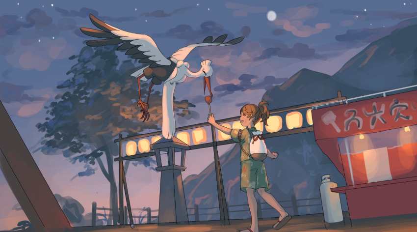 1girl bag bird bombirdier brown_hair candy_apple closed_eyes commentary_request fence festival food green_shirt green_shorts holding juliana_(pokemon) kneepits market_stall moon night nintendo open_mouth outdoors partial_commentary pokemon pokemon_(creature) pokemon_sv ponytail sandals shirt short_sleeves shorts sky smile standing star_(sky) tensen_(dotted_line) tree