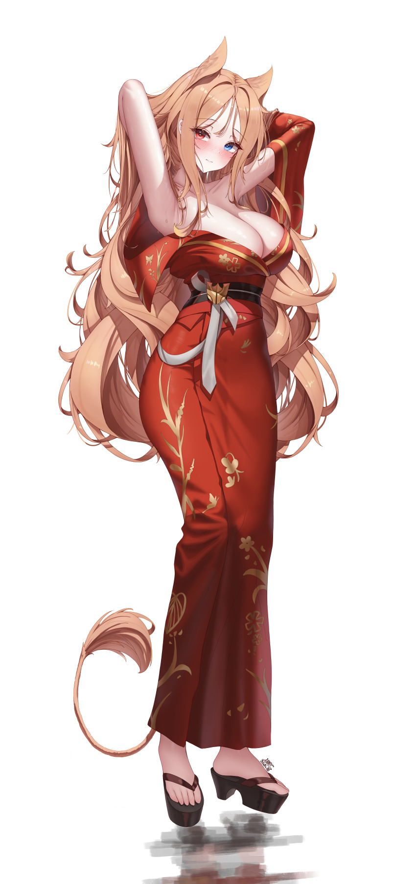 1girl absurdres animal_ears archetto_(arknights) arknights armpits arms_up blue_eyes blush breasts brown_hair feet heterochromia highres japanese_clothes kimono large_breasts lilac_(k32420276) lion_ears lion_tail long_hair looking_at_viewer obi off_shoulder red_eyes red_kimono sandals sash solo tail toenails toes white_background