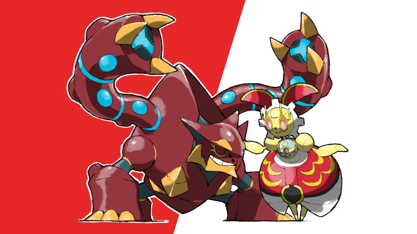 alternate_color blacknirrow closed_eyes closed_mouth eyelashes full_body gen_6_pokemon gen_7_pokemon grin hand_on_another&#039;s_head highres legendary_pokemon magearna magearna_(original) mythical_pokemon nintendo no_humans outline pokemon pokemon_(creature) robot simple_background smile standing two-tone_background volcanion white_outline