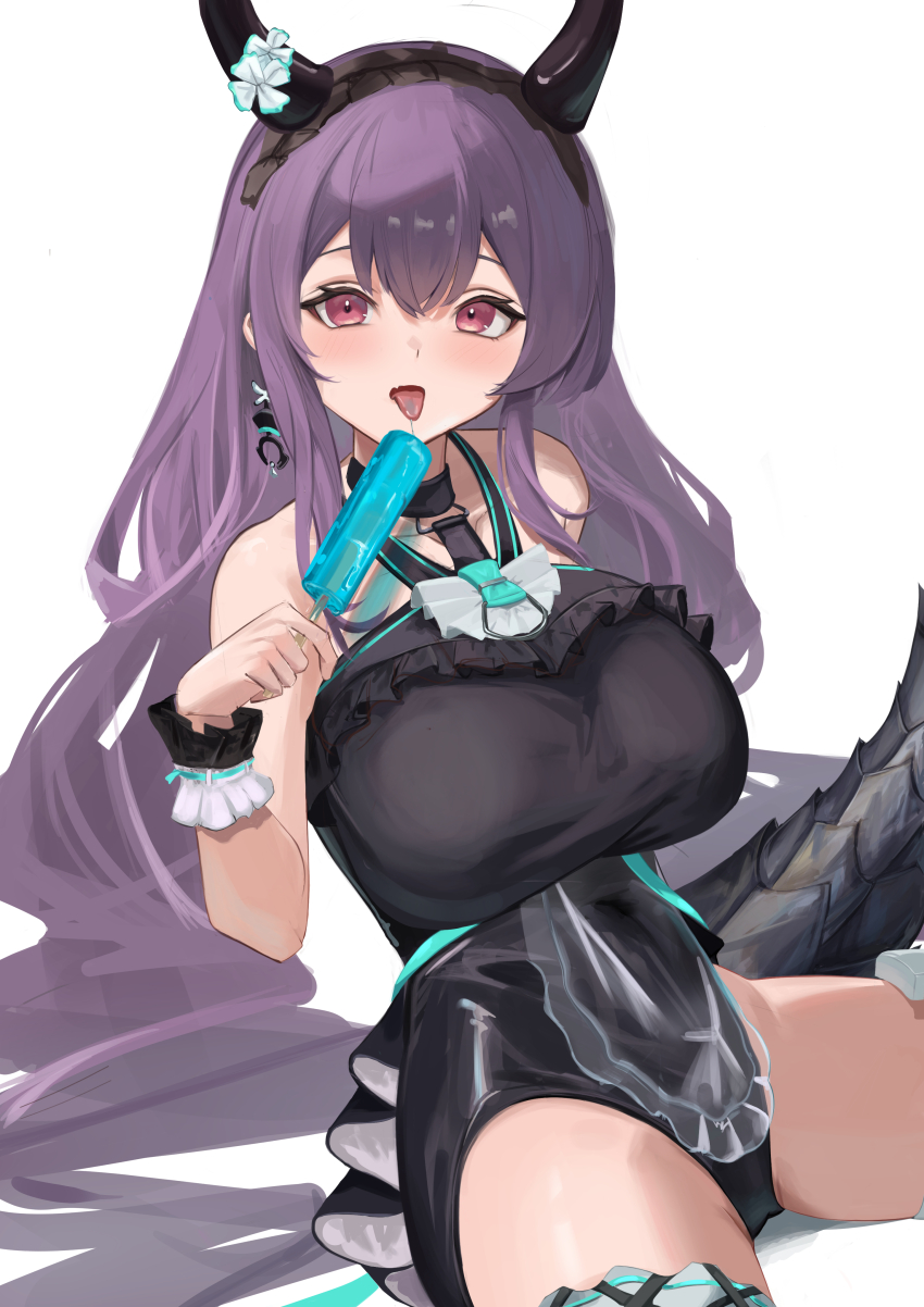 1girl absurdres arknights black_hairband black_horns black_one-piece_swimsuit black_tail blush breasts commentary cowboy_shot food hair_between_eyes hairband highres holding holding_food holding_popsicle horns large_breasts long_hair looking_at_viewer official_alternate_costume one-piece_swimsuit open_mouth pink_eyes popsicle purple_hair remapack77 saliva simple_background sitting solo swimsuit tail tongue tongue_out typhon_(arknights) typhon_(temperature_difference)_(arknights) very_long_hair white_background wrist_cuffs