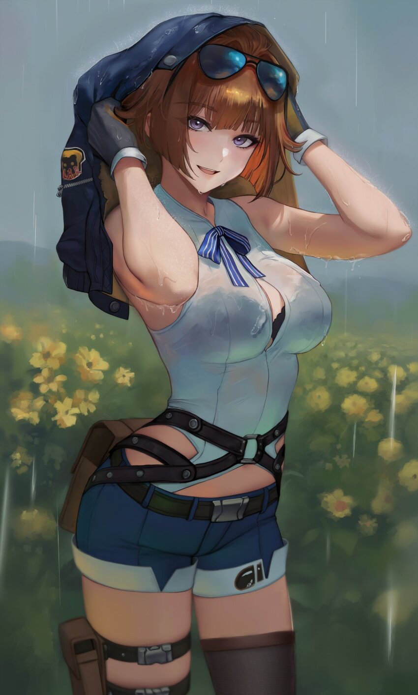1girl aviator_sunglasses black_bra bra bra_visible_through_clothes brown_hair cowboy_shot denim denim_shorts eyewear_on_head field flower flower_field girls&#039;_frontline grizzly_mkv_(girls&#039;_frontline) hands_up highres holster jacket jacket_over_head looking_at_viewer mymzi purple_eyes rain see-through_clothes see-through_shirt shirt shorts sleeveless sleeveless_shirt smile solo sunglasses thigh_holster underwear wet wet_clothes wet_shirt white_shirt