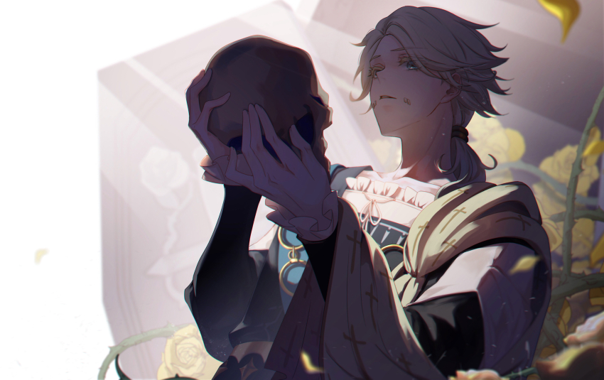 1boy absurdres aesop_carl aesop_carl_(hamlet) black_jacket blonde_hair cape coffin flower frilled_shirt frilled_sleeves frills green_eyes highres holding holding_skull identity_v jacket light_rays long_hair looking_at_viewer low_ponytail male_focus official_alternate_costume parted_bangs parted_lips petals plant ponytail rose sash shirt shoulder_sash side_cape sidelighting skull solo stitched_mouth stitches thorns upper_body vines white_shirt yellow_cape yellow_flower yellow_rose zhangyu_zi