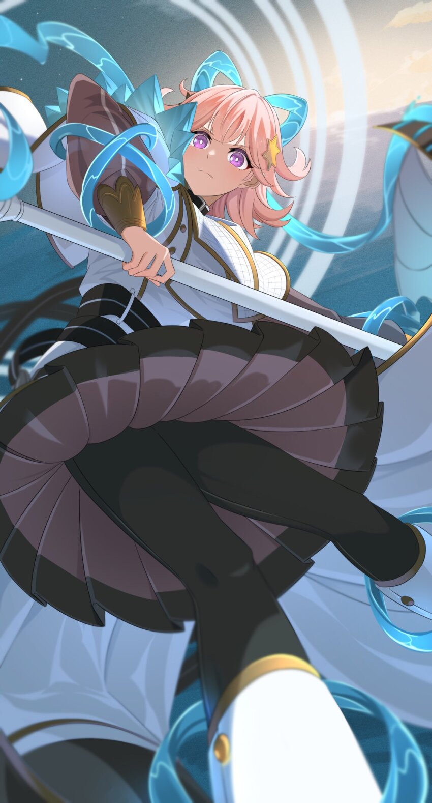 1girl black_pantyhose blush closed_mouth exosister_kaspitell exosister_stella hair_ornament heichi highres holding holding_polearm holding_weapon pantyhose pink_hair polearm purple_eyes short_hair siblings sisters solo star_(symbol) star_hair_ornament water weapon yu-gi-oh!
