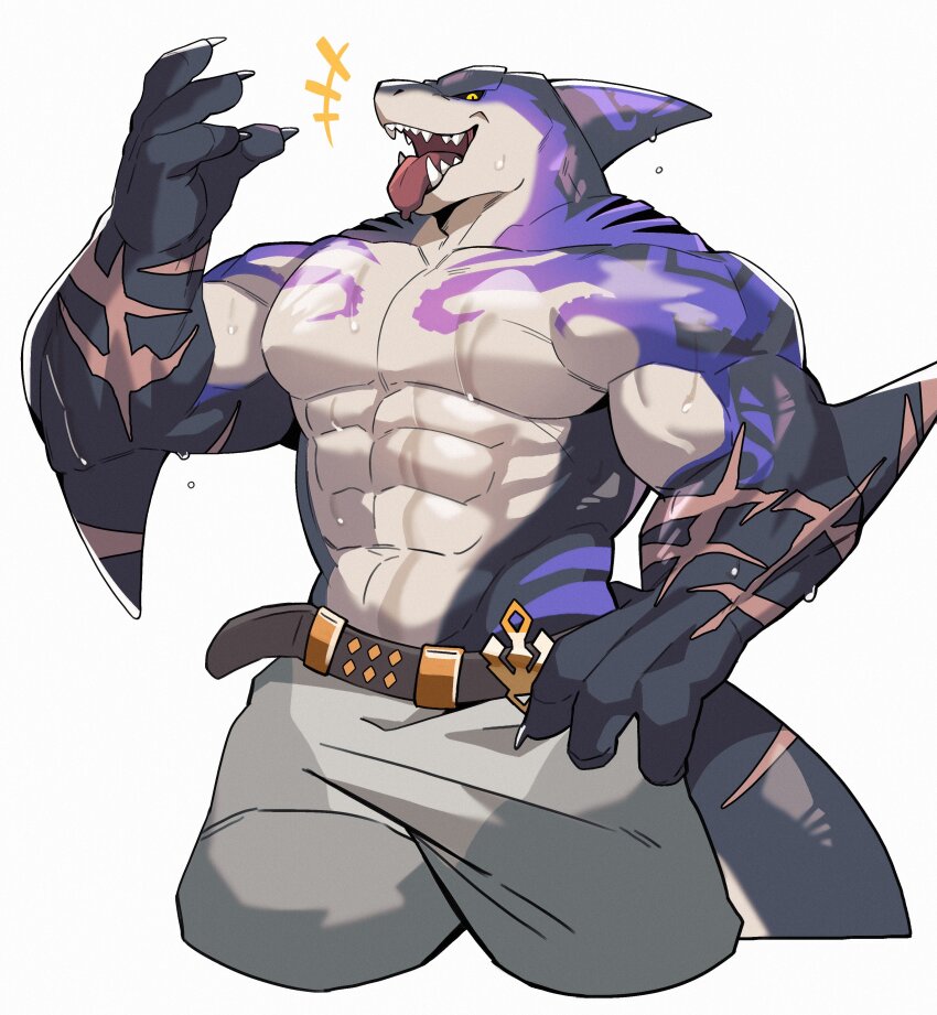 +++ 1boy abs absurdres bara black_sclera capt._locke_(xxl) claws colored_sclera commentary_request cross_scar dorsal_fin fangs fins fish_tail furry furry_male grey_pants hagrang hand_on_own_hip highres korean_commentary looking_at_viewer male_focus multiple_scars muscular muscular_male open_mouth pants pectorals scar scar_on_arm scar_on_tail shark_boy shark_fin shark_tail tail topless_male wet white_background xxl_woofia yellow_eyes