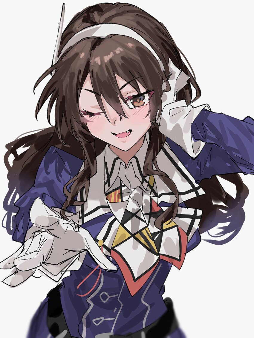 1girl :d ;d aogisa ashigara_(kancolle) breasts brown_eyes brown_hair fake_horns fangs gloves hair_between_eyes hairband highres horned_headwear horns jacket kantai_collection large_breasts long_hair military_uniform multicolored_neckerchief neckerchief one_eye_closed open_mouth print_neckerchief purple_jacket simple_background smile solo upper_body v-shaped_eyebrows wavy_hair white_background white_gloves white_hairband