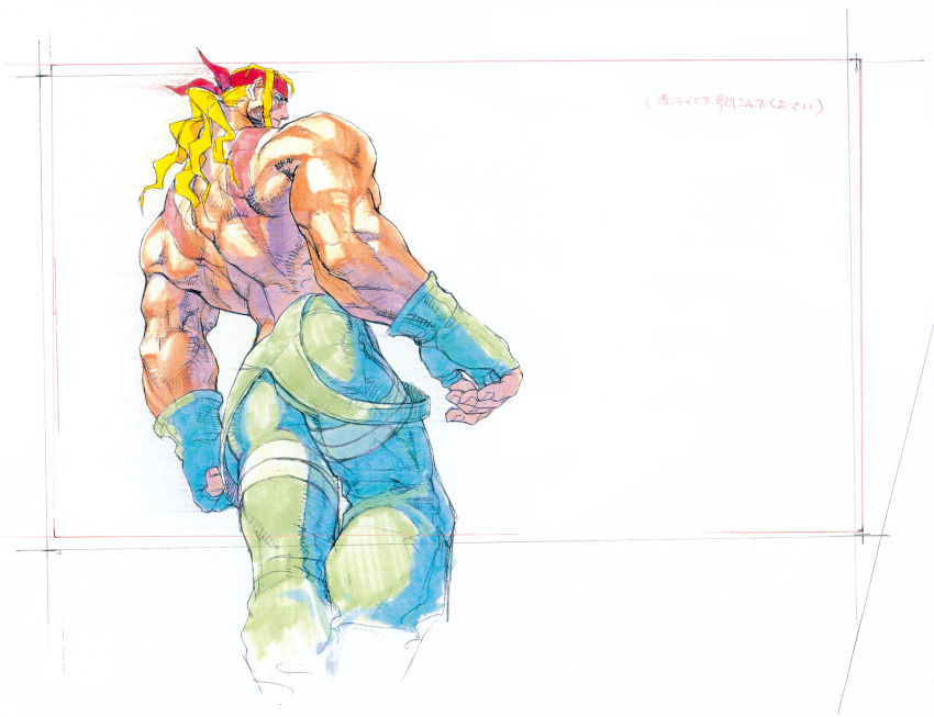 1boy alex_(street_fighter) blonde_hair blue_eyes bodypaint concept_art downturned_eyes facepaint fingerless_gloves from_below game_cg gloves green_gloves green_overalls headband highres long_hair long_sidelocks looking_back male_focus muscular muscular_male nishimura_kinu non-web_source official_art overalls red_headband sidelocks solo street_fighter street_fighter_iii_(series) topless_male
