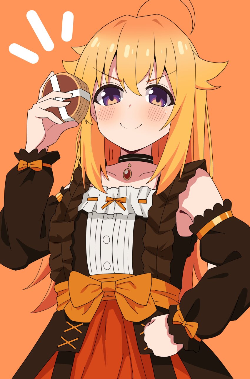 1girl absurdres ahoge blonde_hair blush cracker deer_cracker food hair_flaps halloween halloween_costume highres hosinonana koshi_torako long_hair long_sleeves looking_at_viewer official_alternate_costume orange_skirt pumpkin_skirt purple_eyes shikanoko_nokonoko_koshitantan skirt smile
