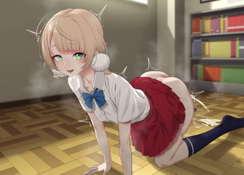 1girl aftersex blonde_hair classroom dog gishu green_eyes indie_virtual_youtuber indoors recording shigure_ui_(vtuber) short_hair virtual_youtuber