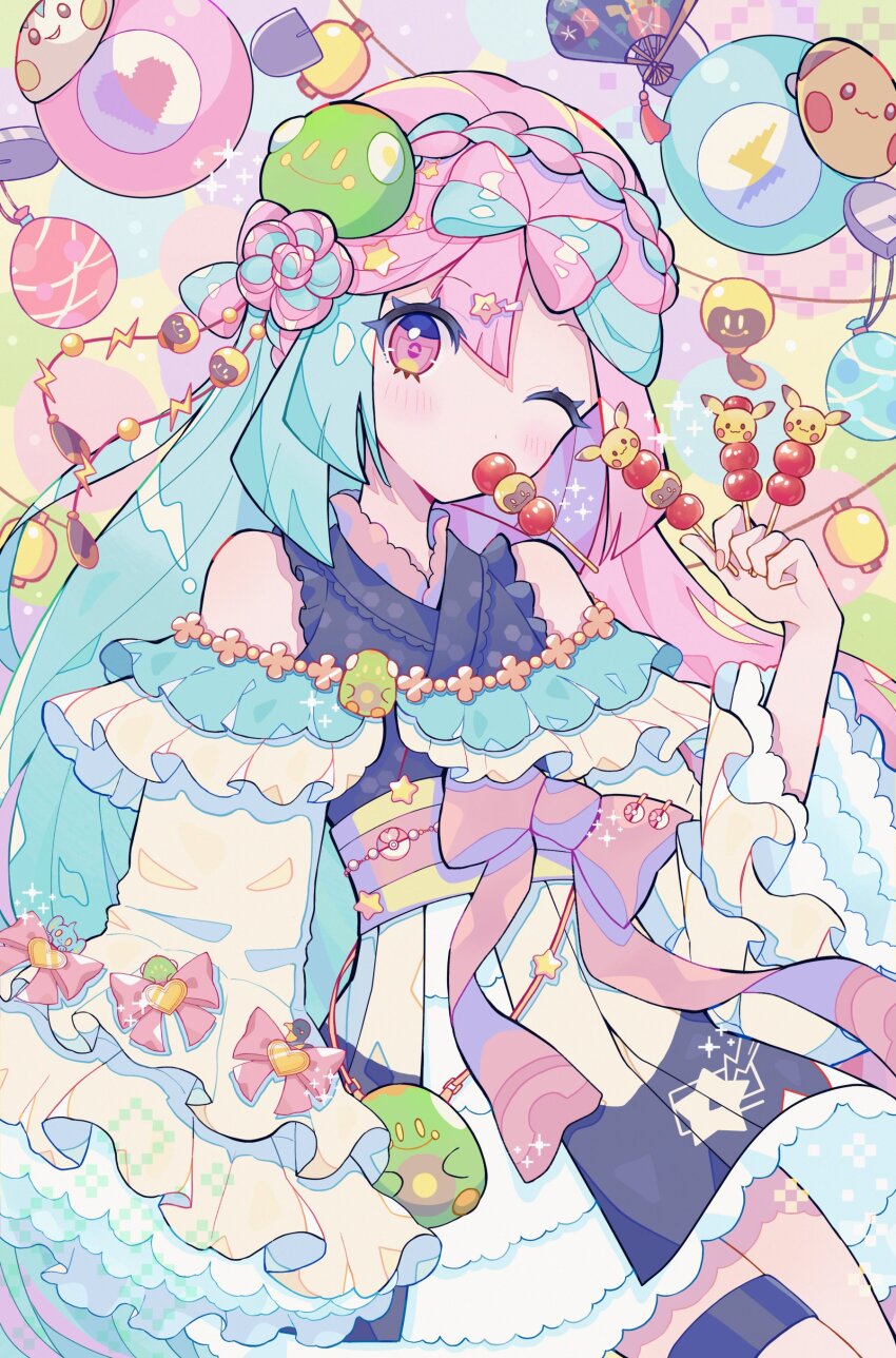 1girl absurdres bag balloon bare_shoulders bellibolt blue_hair blush bow braid dress eating food frilled_skirt frilled_sleeves frills gen_1_pokemon gen_4_pokemon hair_bow hair_ornament haru_(haruxxe) heart highres holding holding_food iono_(pokemon) japanese_clothes kilowattrel lantern looking_at_viewer love_ball magnemite mask mask_on_head multicolored_hair nintendo obi one_eye_closed pachirisu pikachu pink_eyes pink_hair pixels poke_ball pokemon pokemon_sv sash shinx single_braid skirt solo sparkle star_(symbol) tadbulb thigh_strap two-tone_hair upper_body white_dress