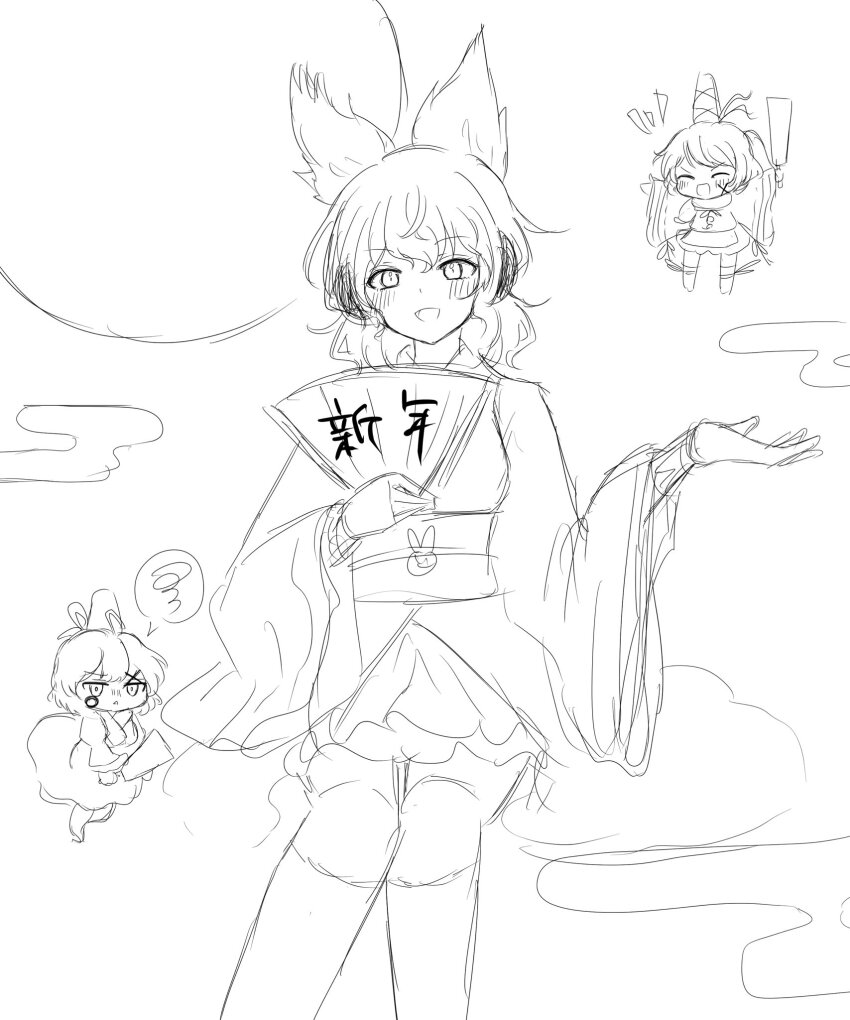 3girls ^_^ alternate_costume annoyed apron bracelet chibi closed_eyes closed_mouth commentary_request dot_nose dress feet_out_of_frame floating folding_fan frilled_kimono frilled_sleeves frills frown full_moon ghost_tail gohei greyscale hair_ears hand_fan happy hat hat_ribbon headphones highres holding holding_fan holding_gohei invisible_chair japanese_clothes jewelry juliet_sleeves kariginu kimono kimono_dress kneehighs light_blush long_hair long_sleeves medium_dress miniskirt monochrome mononobe_no_futo moon multiple_girls notice_lines obi ofuda ofuda_on_clothes open_mouth outstretched_hand pipita pleated_skirt ponytail puffy_sleeves rabbit ribbon ribbon-trimmed_sleeves ribbon_trim sash short_hair short_kimono simple_background sitting sketch skirt smile smoke socks soga_no_tojiko spoken_squiggle squiggle tate_eboshi teardrop tearing_up touhou toyosatomimi_no_miko turtleneck waist_apron white_background wide_sleeves