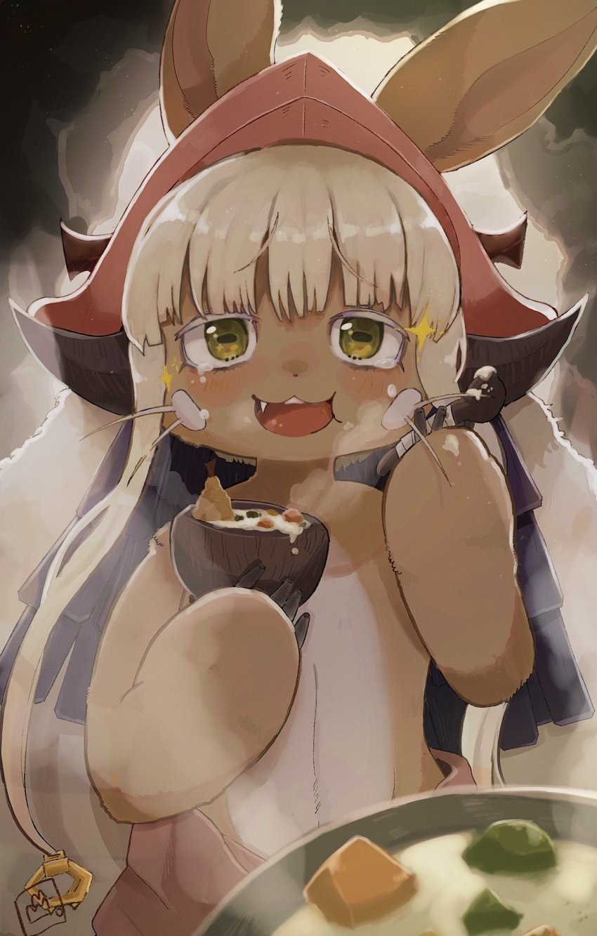 1other :3 androgynous animal_ears blonde_hair blunt_bangs body_fur bowl brown_background brown_fur chewing claws colored_eyelashes commentary ears_through_headwear eating fake_horns fang food furry green_eyes hands_up happy happy_tears helmet highres holding holding_bowl holding_spoon horizontal_pupils horned_helmet horns long_hair looking_at_viewer made_in_abyss nanachi_(made_in_abyss) oldhask open_mouth pants pelt pink_headwear pink_pants rabbit_ears sidelocks signature solo soup sparkling_eyes spoon steam straight-on tearing_up tears upper_body whiskers