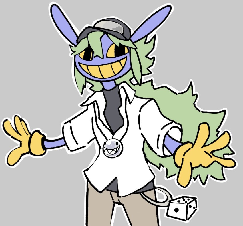 1boy animal_ears baseball_cap black_undershirt bubble_(the_amazing_digital_circus) cosplay crossover dice gloves green_hair grey_background hat highres jax_(the_amazing_digital_circus) looking_at_viewer male_focus n_(pokemon) n_(pokemon)_(cosplay) nintendo outline pokemon pokemon_bw pownchao rabbit_ears solo the_amazing_digital_circus white_outline yellow_gloves