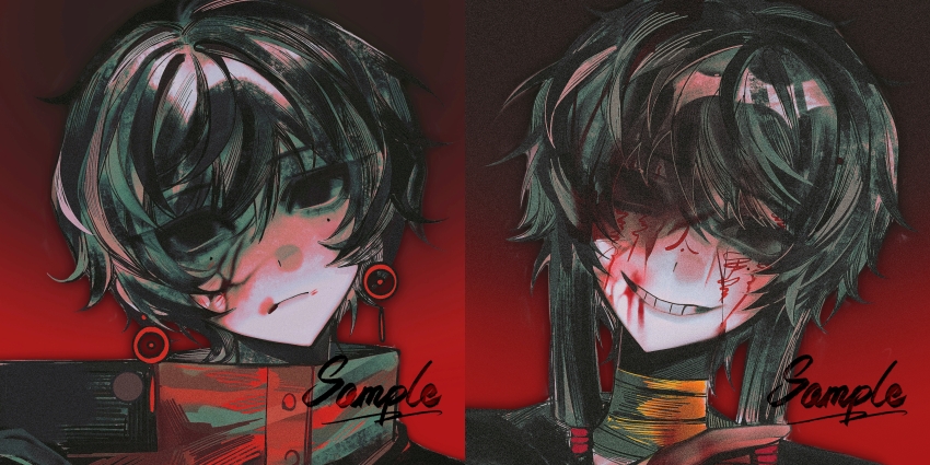 2boys absurdres artist_request black_eyes black_hair blood blood_on_face chinese_commentary closed_mouth commentary_request commission earrings facepaint frown grin head_tilt high_collar highres jacket jewelry li_yuting_(male) male_focus mole mole_under_each_eye mole_under_eye multiple_boys multiple_moles portrait red_background red_jacket sample_watermark second-party_source short_hair short_hair_with_long_locks smile touqi_guaitan watermark ziche_fuzhao