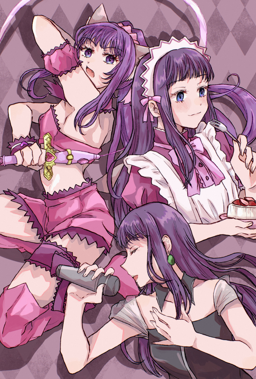 1girl animal_ears blueskytake bow breasts cafe_mew_mew_uniform choker closed_eyes commentary_request detached_sleeves fujiwara_zakuro highres holding holding_microphone long_hair magical_girl mew_zakuro microphone midriff multiple_views music open_mouth puffy_detached_sleeves puffy_sleeves purple_choker purple_eyes purple_hair singing tail thigh_strap tokyo_mew_mew wolf_ears wolf_tail zacross_whip