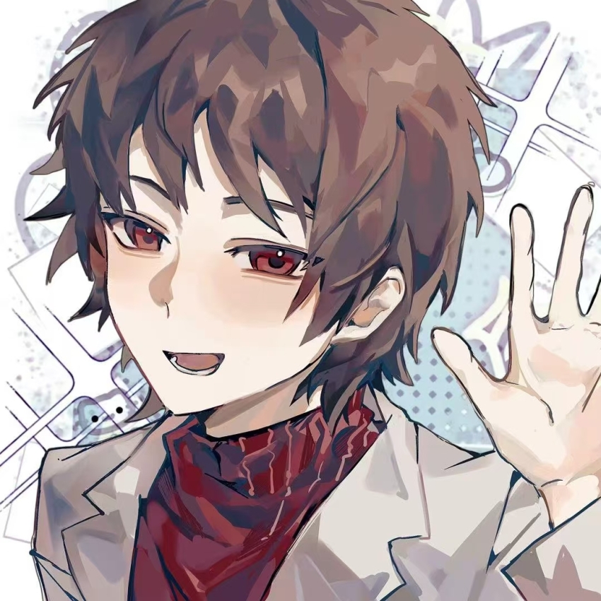 1boy brown_hair hand_up harada_minoru jacket lapels lingdu_tetiao long_sleeves lower_teeth_only male_focus notched_lapels open_clothes open_jacket open_mouth pinyin_commentary portrait red_eyes red_sweater saibou_shinkyoku short_hair smile solo sparkle sweater teeth white_jacket