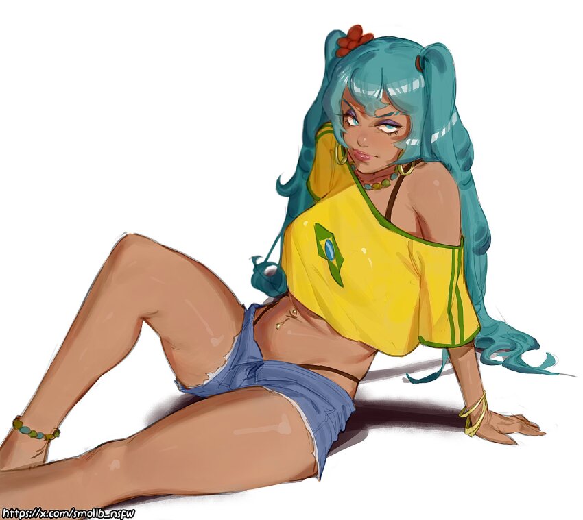 1girl anklet aqua_eyes aqua_hair arm_support barefoot bead_necklace beads bikini bikini_under_clothes blue_shorts bracelet brazilian_miku breasts commentary crop_top crop_top_overhang dark-skinned_female dark_skin earrings english_commentary hatsune_miku highleg highleg_bikini highres hoop_earrings jewelry large_breasts lowleg lowleg_shorts midriff multiple_bracelets navel_piercing necklace off_shoulder open_fly piercing shirt short_shorts shorts sitting smile smollb_nsfw solo swimsuit twintails vocaloid watermark web_address yellow_shirt