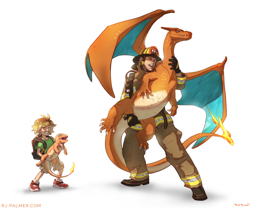 &gt;_&lt; 1boy :d absurdres animal animal_focus artist_name arvalis backpack bag before_and_after black_bag black_gloves blonde_hair blue_eyes brown_shorts buccal_flap charizard charmander closed_eyes closed_mouth commentary dragon english_commentary evolutionary_line fang fang_out fire fire_helmet firefighter firefighter_jacket flame-tipped_tail frown full_body gen_1_pokemon gloves green_shirt happy helmet high-visibility_clothing high-visibility_jacket high-visibility_pants highres holding holding_animal holding_pokemon jacket khaki_pants nintendo open_mouth pokemon pokemon_(creature) red_footwear reflective_clothes shirt shorts signature smile tail teeth watermark web_address western_dragon xd