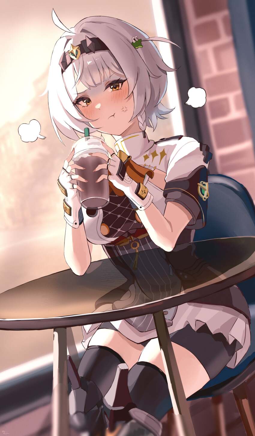1girl absurdres ahoge anby_demara angry black_shorts blush chair closed_mouth cup disposable_cup fingerless_gloves gloves highres holding holding_cup looking_at_viewer puffy_cheeks shirt short_hair shorts solo table two_side_up white_gloves white_hair white_shirt yato_(yama0x1) yellow_eyes zenless_zone_zero