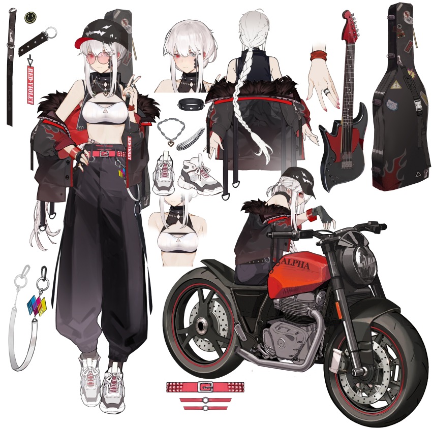1girl absurdres alpha_(pgr) alternate_costume armpit_peek baggy_pants bandaid bandaid_on_cheek bandaid_on_face baseball_cap belt belt_chain black_gloves black_headwear black_jacket black_pants braid braided_ponytail breasts chaomian_buyao_mian character_name chinese_commentary cleavage cleavage_cutout clothing_cutout commentary concept_art crop_top electric_guitar engine exhaust_pipe fingerless_gloves flame_print fur-trimmed_jacket fur_trim gloves gradient_clothes gradient_jacket grey_eyes guitar guitar_case hair_between_eyes hand_on_own_hip handlebar hat heart heart_necklace heterochromia highres instrument instrument_case jacket jewelry long_hair medium_breasts midriff motor_vehicle motorcycle multiple_views nail_polish necklace off_shoulder pants punishing:_gray_raven red-tinted_eyewear red_belt red_eyes red_nails ring round_eyewear sidelocks simple_background single_glove sitting smiley_face strap sunglasses tinted_eyewear two-sided_fabric v very_long_hair wheel white_background white_footwear white_hair