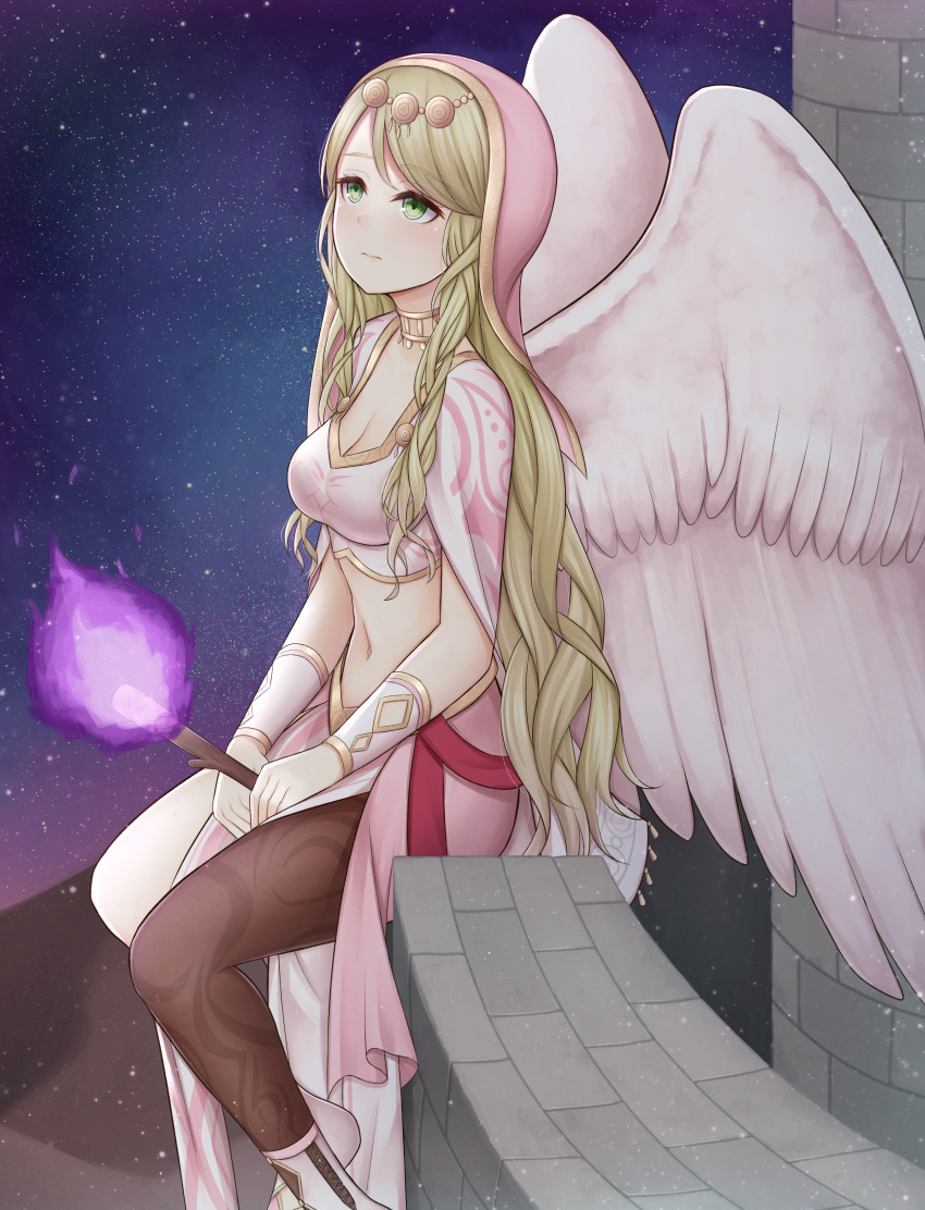 absurdres atorie bird blonde_hair choker commission fire_emblem fire_emblem:_radiant_dawn fire_emblem_heroes green_eyes heron highres leanne_(fire_emblem) leanne_(hatari)_(fire_emblem) long_hair looking_up nintendo outdoors pixiv_commission sitting sky star_(sky) starry_sky thighhighs torch wings