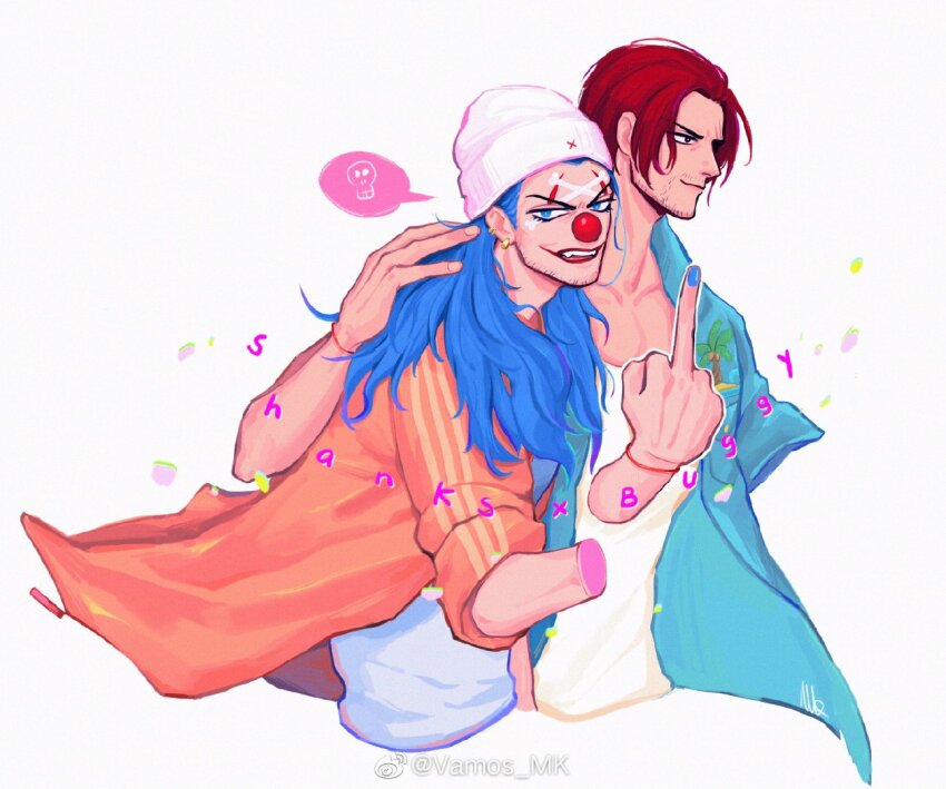 2boys blue_eyes blue_hair blue_nails blue_shirt buggy_the_clown character_name closed_mouth clown_nose collarbone cropped_torso disembodied_hand earrings hand_on_another&#039;s_back hat jewelry long_hair long_sleeves male_focus middle_finger multiple_boys one_piece orange_shirt pectoral_cleavage pectorals red_hair shanks_(one_piece) shirt short_hair sideburns speech_bubble spoken_skull vamos_mk white_background white_shirt yaoi