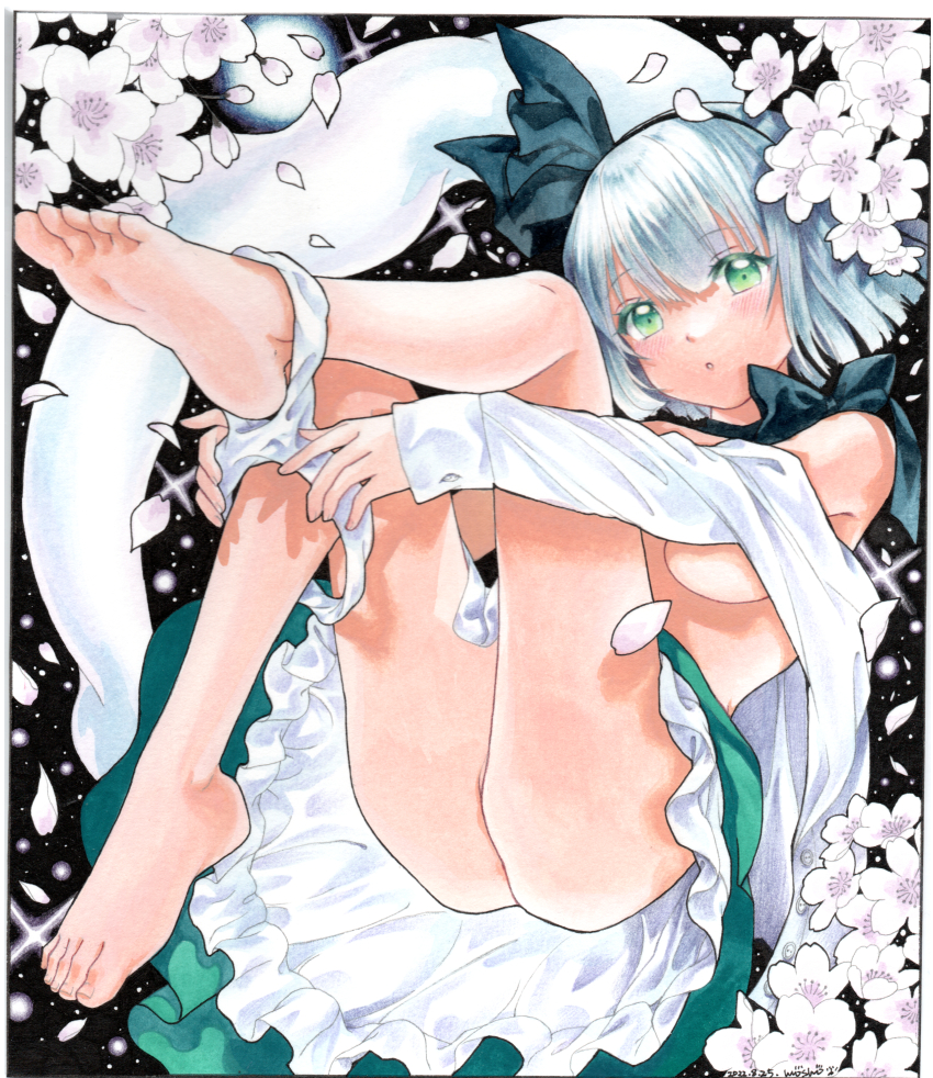 1girl :o absurdres ass barefoot blunt_bangs blush border bow breasts cherry_blossoms clothes_pull falling_petals flat_ass flower green_eyes green_skirt hair_bow highres konpaku_youmu konpaku_youmu_(ghost) looking_at_viewer medium_breasts mosho off_shoulder open_clothes open_shirt panties petals shirt shirt_pull short_hair skirt soles thighs touhou traditional_media underwear undressing upskirt white_border white_flower white_hair white_shirt