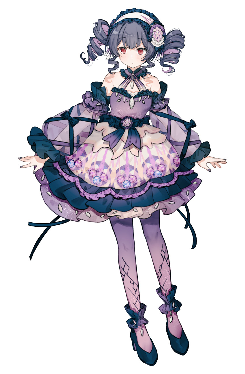 1girl absurdres alternate_hairstyle ankle_scrunchie bare_shoulders black_hair blue_bow blue_gemstone blue_headdress blue_ribbon blue_scrunchie blush bow breasts chinese_commentary closed_mouth collarbone commentary_request detached_sleeves dot_mouth dot_nose dress drill_hair full_body gem gradient_bow hair_between_eyes hair_ornament hair_ribbon high_heels highres idolmaster idolmaster_shiny_colors long_sleeves looking_afar migolu morino_rinze multicolored_hair nail_polish pantyhose pink_gemstone purple_dress purple_hair purple_nails purple_pantyhose purple_sleeves red_eyes ribbon ribbon-trimmed_sleeves ribbon_trim scrunchie see-through_clothes see-through_sleeves short_hair simple_background small_breasts solo strapless strapless_dress twin_drills twintails twitter_username two-tone_hair waist_bow watermark white_background