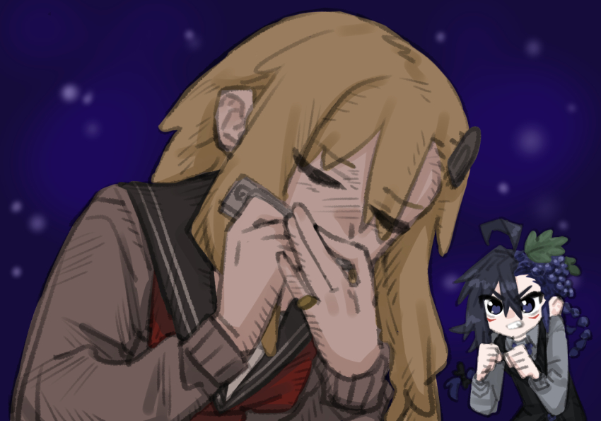 2girls ahoge bad_id bad_twitter_id black_dress black_hair black_sailor_collar blonde_hair braid braided_ponytail brown_sweater character_request clenched_hands clenched_teeth closed_eyes dress facial_mark food food-themed_hair fruit grapes grey_shirt grimace harmonica holding holding_instrument inactive_account insect_hair_ornament instrument jewelry long_hair long_sleeves matangom matangomu-chan multicolored_hair multiple_girls music neckerchief original parody parody_request pillbug pinafore_dress playing_instrument purple_background purple_eyes purple_hair red_neckerchief ring sailor_collar school_uniform serafuku shirt sleeveless sleeveless_dress star_(symbol) star_symbol_background sweater teeth v-shaped_eyebrows