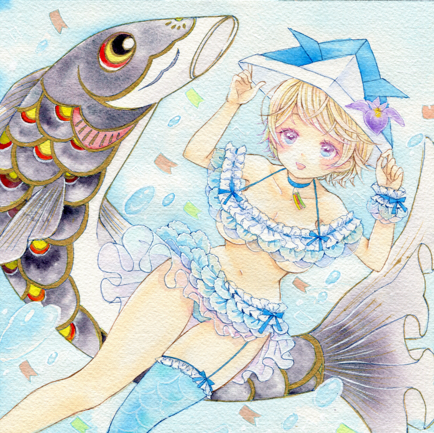 1girl amu_(m_aa) bikini blonde_hair blue_bikini blue_choker blue_eyes blue_hat blue_thighhighs breasts choker cleavage collarbone commentary_request dutch_angle feet_out_of_frame frilled_bikini frills garter_straps hat highres koinobori medium_breasts navel open_mouth original painting_(medium) paper_hat short_hair single_garter_strap single_thighhigh single_wrist_cuff smile solo swimsuit thigh_gap thighhighs traditional_media watercolor_(medium) windsock wrist_cuffs