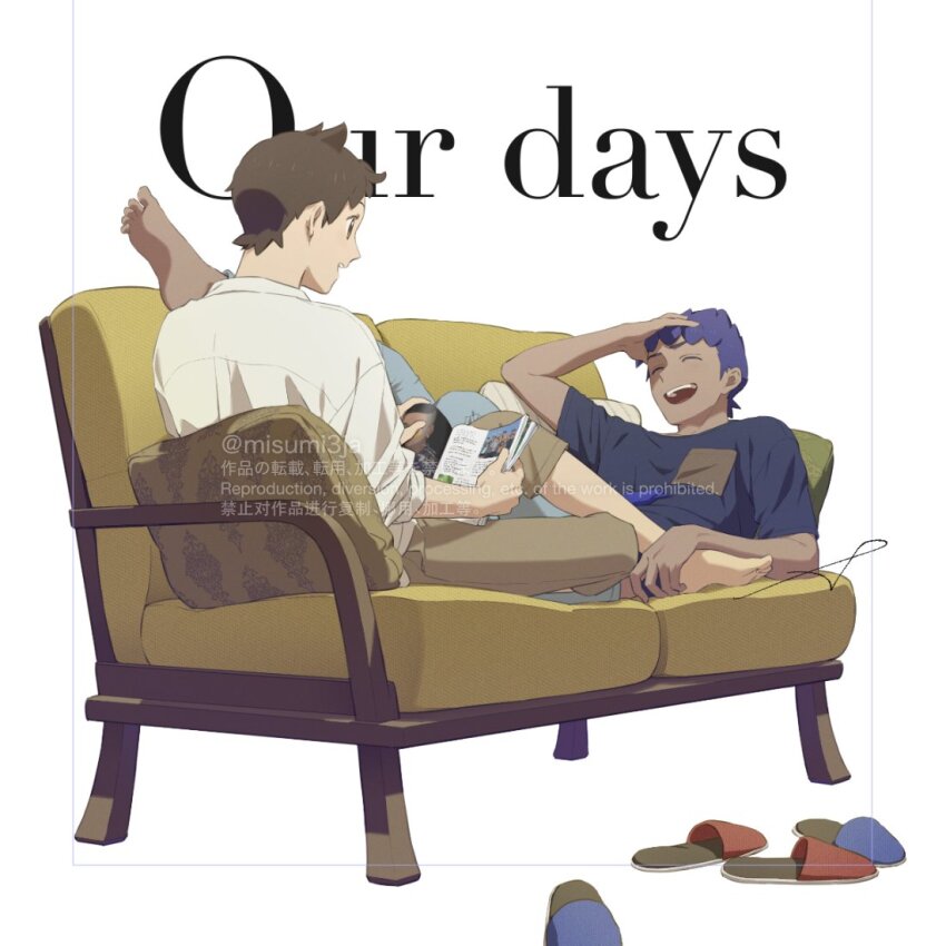 2boys :d barefoot brown_hair brown_pants capri_pants closed_eyes couch creatures_(company) game_freak holding holding_magazine hop_(pokemon) magazine_(object) male_focus multiple_boys nintendo open_mouth pants pokemon pokemon_swsh purple_hair sankaku shirt short_hair short_sleeves sitting sleeves_rolled_up slippers smile t-shirt toes twitter_username unworn_slippers victor_(pokemon) watermark white_background white_shirt yaoi