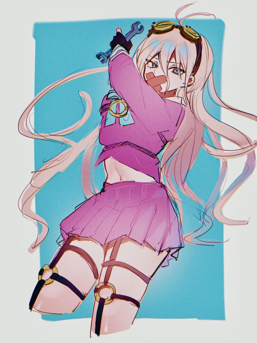 1girl antenna_hair arm_up belt blonde_hair blue_background blue_eyes commentary_request covered_mouth danganronpa_(series) danganronpa_v3:_killing_harmony eyelashes fingerless_gloves gloves goggles goggles_on_head hair_between_eyes highres holding holding_wrench iruma_miu long_hair long_sleeves looking_at_viewer navel o-ring o-ring_belt pink_shirt pink_skirt plaid_clothes plaid_skirt school_uniform shirt simple_background sketch skirt solo standing thigh_belt thigh_strap thighs wavy_hair wrench ze_ro_saiji